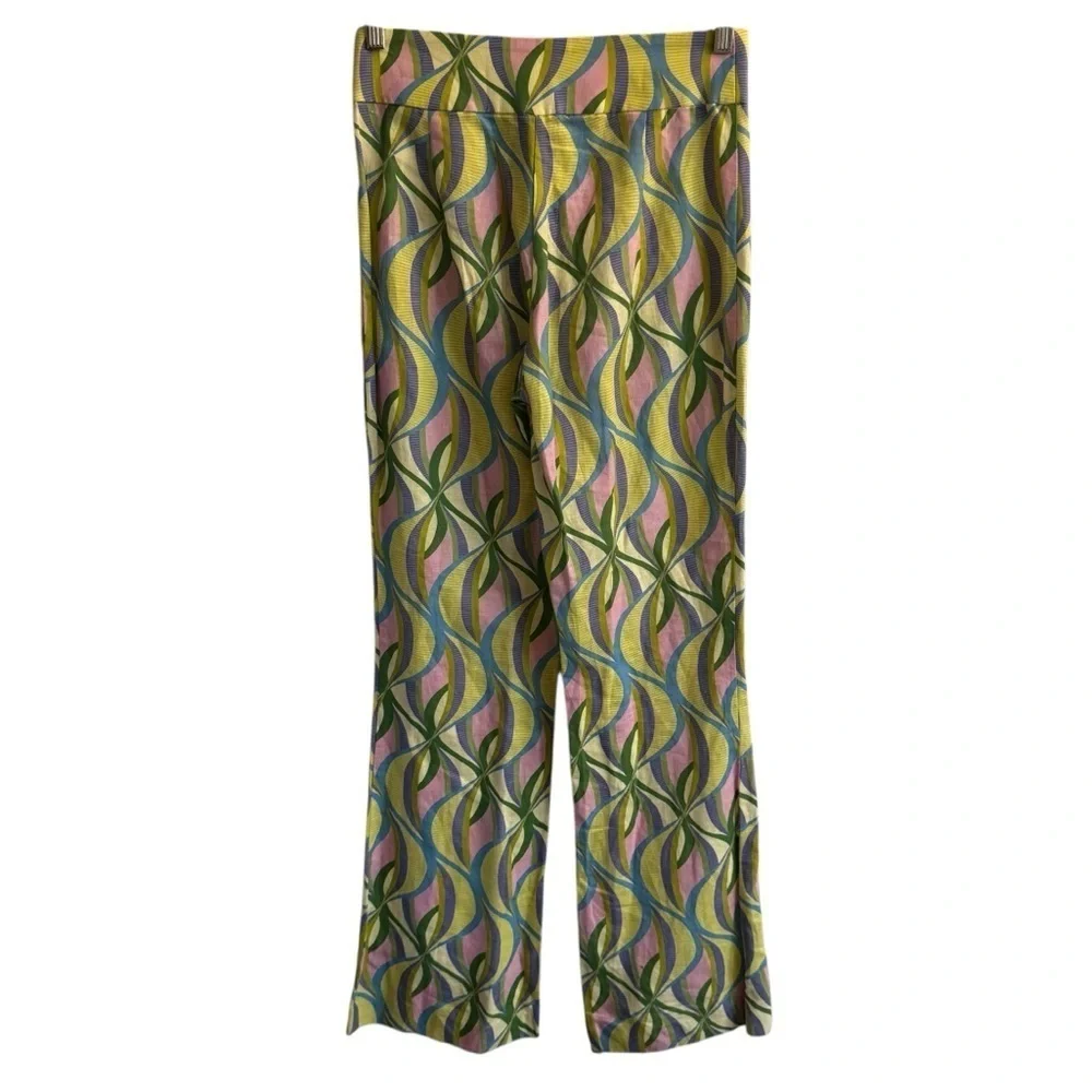 NWOT Zara Printed Linen Blend Flared Trousers, Multicolor Geometric Print, Sz S
